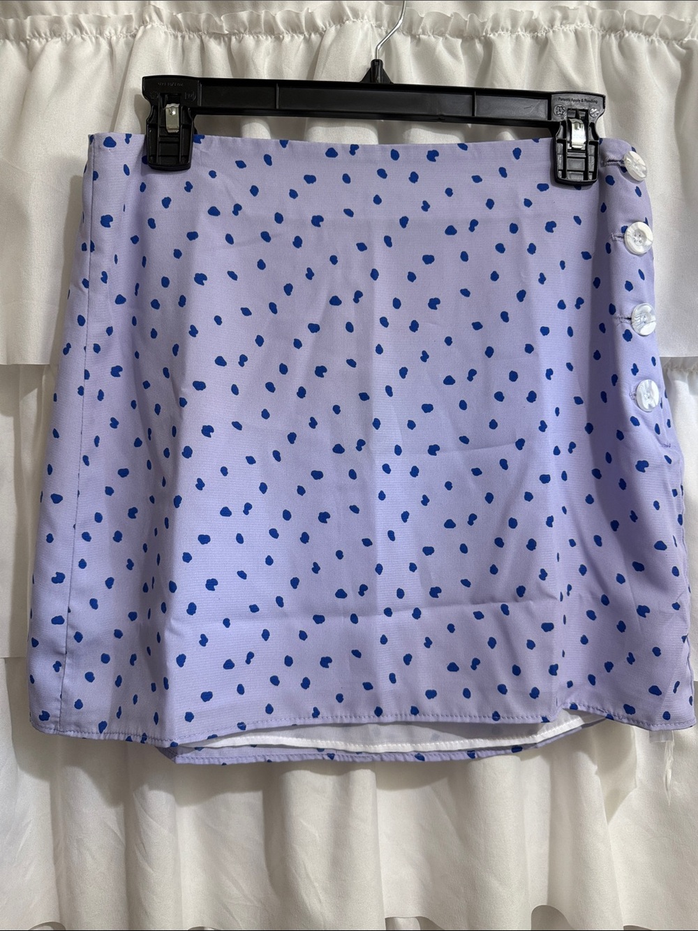 Lulu's Lavender Mini Skirt with Blue Dot Print and Side Buttons